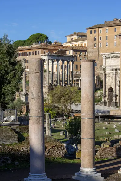 Roma Forumu, antik şehrin kalıntıları, Roma, İtalya. Barış Tapınağı Kalıntılarıyla Vespasian Forumu manzarası. Uzak mesafede Satürn Tapınağı