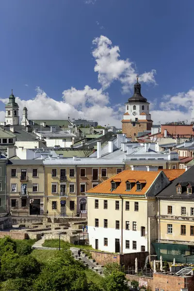 stock image Lublin, Poland - May 23, 2022: Aerial view of Old Parish Square with remains of medieval St Michael the Archangel church 