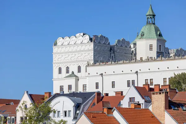 stock image Szczecin, Poland - September 16, 2022: View of the tops of colorful tenement houses, Ducal Castle in the background