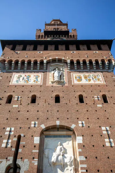 stock image Milan, Italy - September 28, 2018: 15th century Sforza Castle (Castello Sforzesco), detail on facade of Torre del Filarete