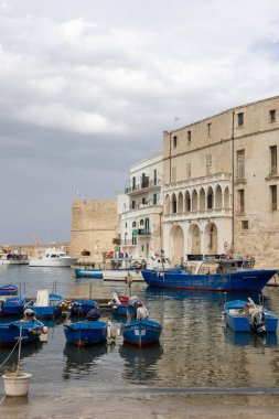 Monopoli, İtalya, Apulia - 21 Mayıs 2024: Eski liman (Porto antico) demirli mavi botlarla. Martinelli Sarayı ve 5. Charles Kalesi