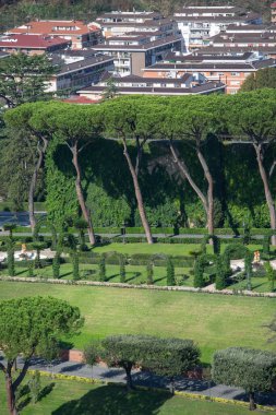 Vatican; Rome; Italy - October 9; 2020: Aerial view from dome of Saint Peter's Basilica of Gardens of Vatican City (Vatican Gardens)  clipart