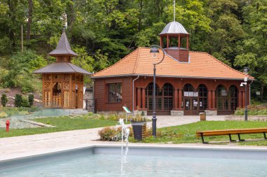 Krinica-Zdroj, Polonya - 31 Ağustos 2022: Jan mineral iyileştirme suyunun pompa odasının eski ahşap binası. Tatil köyü Polonya 'nın en büyük spa kasabasıdır.