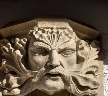 Linz, Avusturya - 4 Mart 2023: Taş kafa, Neo-gotik Yeni Katedral cephesinden parçalar, ülkedeki en büyük kilise