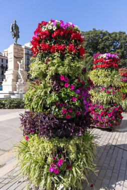 Malaga, Endülüs, İspanya - 23 Mart 2025: Arkadaki güzel çiçek aranjmanları, Marki Marques de Larios anıtı. İspanyol heykeltıraş Mariano Benlliure tarafından 1899 yılında tasarlanmıştır.