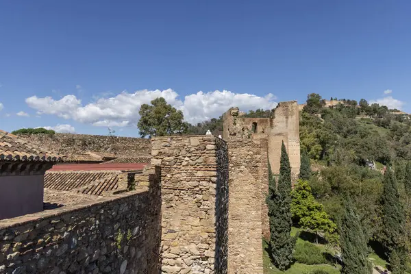 Malaga, İspanya, Endülüs - 26 Mart 2025: Alcazaba 'yı çevreleyen tuğla savunma duvarı, 11. yüzyıl Müslüman saray tahkimatı. Dağın tepesindeki Gibralfaro kalesinin manzarası