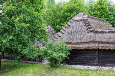 Lublin, Polonya - 23 Mayıs 2022 Lublin Açık Hava Köyü Müzesi 'ndeki eski sazdan kulübe. Eski Lublin Eyaletinden mimari ve etnografik koleksiyon eserleri