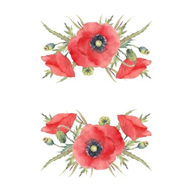 Kırmızı gelincik çiçekleri ve yeşillik. El yapımı suluboya çelenk. Beyaz arkaplanda sanatsal illüstrasyon. 