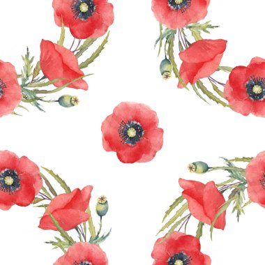 Kırmızı gelincik çiçekleri ve yeşillik. Kırmızı çiçekler ve Anemones yaprakları. Suluboya kusursuz desen. Beyaz arkaplanda suluboya çizimi.