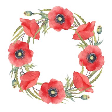 Kırmızı ve pembe Anemonlar. Yuvarlak çerçeve. El yapımı suluboya çelenk. Beyaz arkaplanda sanatsal illüstrasyon. 