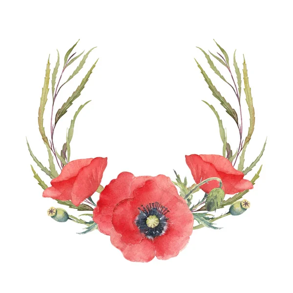 红色罂粟花和绿色 手绘水彩花环 白色背景的艺术图解 — 图库照片
