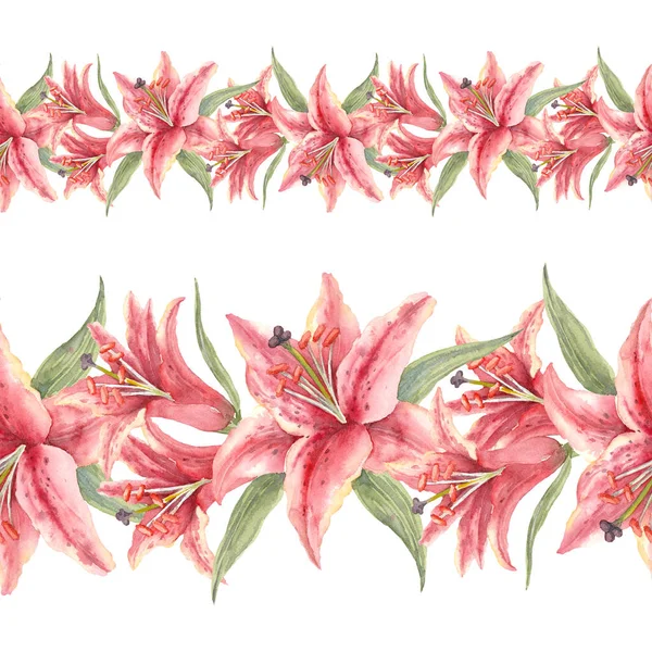 Stargazer Lilies. Pink lily flowers. Watercolor seamless border. Hand-drawn art for greeting cards, invitations and interior decoration. Artistic illustration on white background.