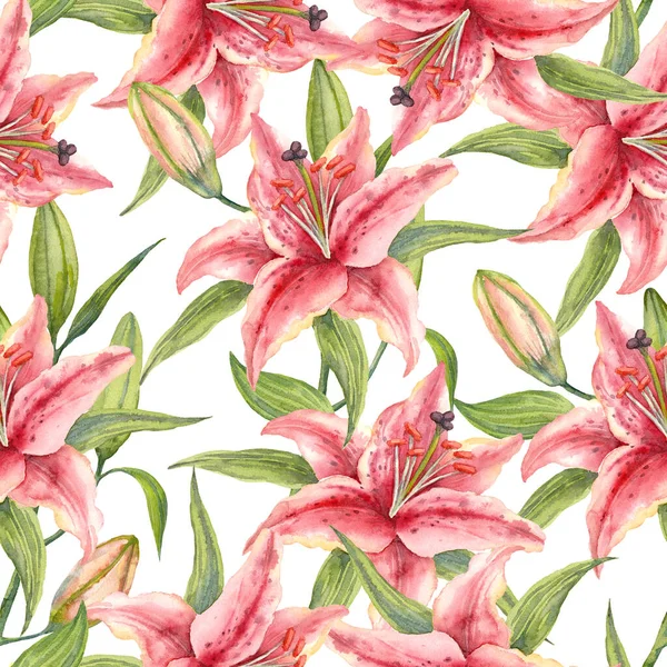 stock image Oriental lilies. Watercolor pink lily flowers, leaves and buds. Seamless pattern. Hand-drawn illustration on white background.