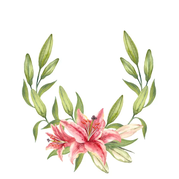 Lírios Híbridos Orientais Lírio Rosa Flores Folhas Botões Coroa Aquarela — Fotografia de Stock