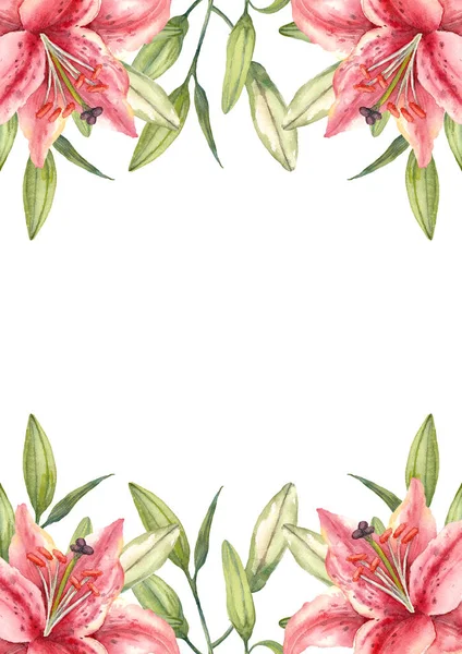 东方杂交百合花 粉红色的百合花和芽 小册子设计模板 白色背景的水彩画A4布局 — 图库照片