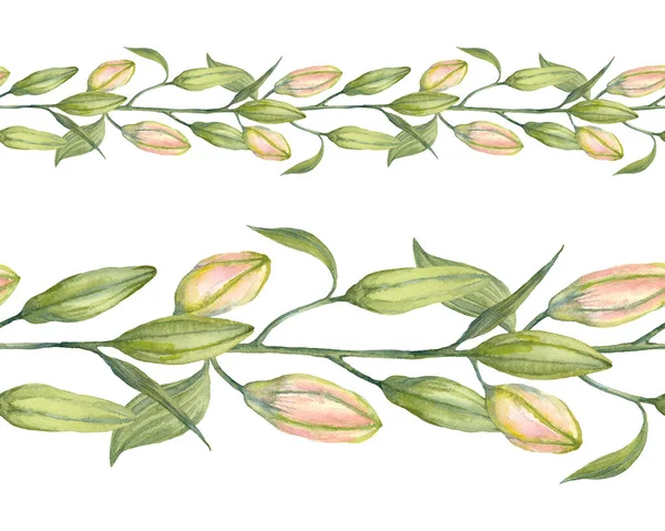 粉色Stargazer百合 Lily Buds 水彩花没有缝隙的边界用于贺卡 邀请函和室内装饰的手绘艺术 白色背景的艺术图解 — 图库照片