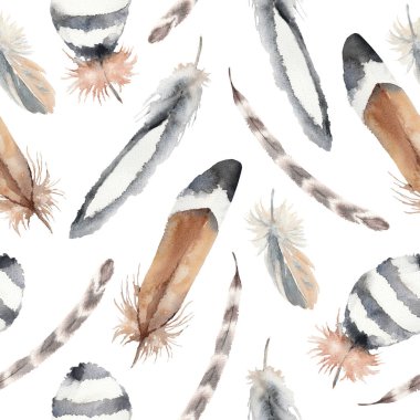 Kahverengi, siyah ve beyaz kuş tüyleri. Suluboya kusursuz desen. El yapımı sanat. Beyaz arkaplanda sanatsal illüstrasyon.