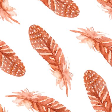 Beyaz benekli turuncu tüyler. Suluboya kusursuz desen. El yapımı sanat. Beyaz arkaplanda sanatsal illüstrasyon.