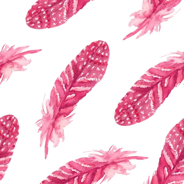 Beyaz benekli kırmızı tüyler. Suluboya kusursuz desen. El yapımı sanat. Beyaz arkaplanda sanatsal illüstrasyon.