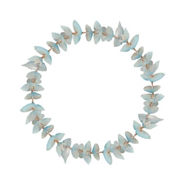 Okaliptüs. Bebek mavisi. Yeşillik koleksiyonu. El yapımı suluboya çelenk. Tasarım şablonu. Beyaz arkaplanda sanatsal illüstrasyon.