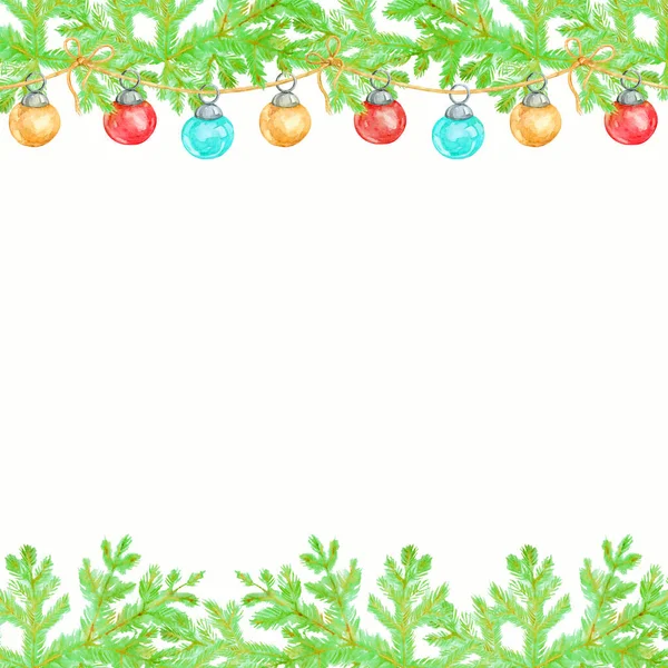 Groene Sparren Takken Kerstballen Kerstboom Vierkante Kerstkaart Aquarel Met Hand — Stockfoto