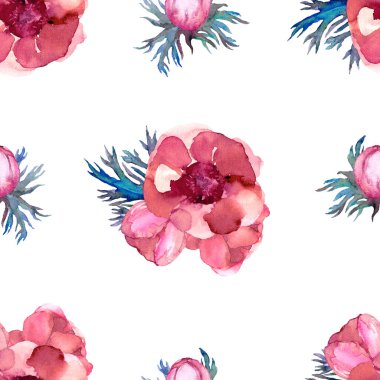 Anemone koronaria. Kırmızı ve pembe şakayık buketleri. Suluboya kusursuz desen. Beyaz arkaplanda suluboya çizimi.
