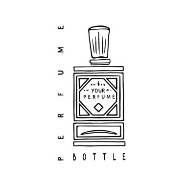 Kapaklı antika dikdörtgen cam parfüm şişesi. Siyah-beyaz moda çizimleri. Beyaz arkaplanda vektör illüstrasyonu.