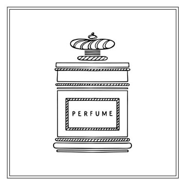 Dikdörtgen antika kapaklı cam parfüm şişesi. Siyah-beyaz moda çizimleri. Beyaz arkaplanda vektör illüstrasyonu.