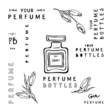 Antique rectangular perfume bottle with glass cap, flower buds and lettering. Black and white fashion sketches. Vector illustration on a white background. clipart