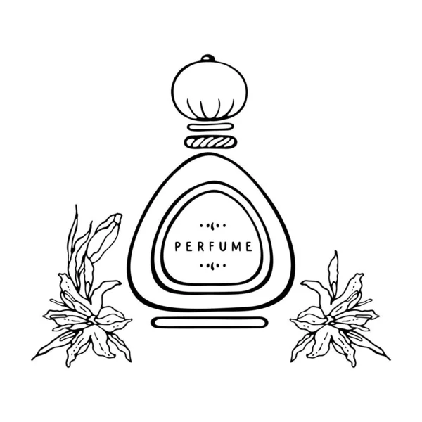 Glazen Ovale Parfumfles Met Ronde Stop Bloemknoppen Zwart Wit Modeschetsen — Stockvector