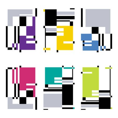 Kare poster. Altı soyut grafik kompozisyon seti. Avangart grafik tasarımı. Pembe, mavi, mor, yeşil ve sarı. Beyaz arkaplanda vektör illüstrasyonu.