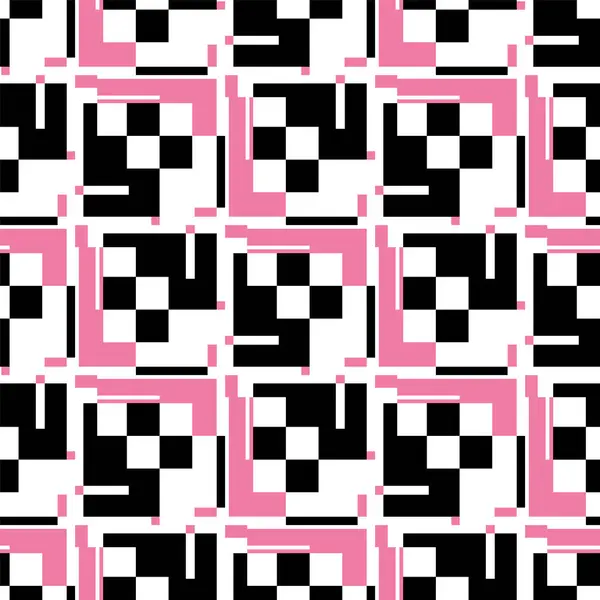粉色矩形和黑色几何元素 正方形 线条和正方形的组合 抽象无缝模式 前卫图形风格设计 白色背景的矢量说明 — 图库矢量图片