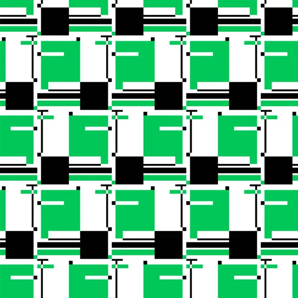 明亮的绿色矩形和黑色的几何元素 正方形 线条和正方形的组合 抽象无缝模式 前卫图形风格设计 白色背景的矢量说明 — 图库矢量图片