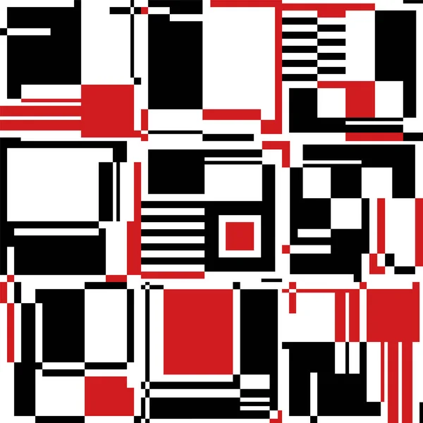 红色矩形 黑色和白色几何元素 正方形 线条和正方形的组合 抽象无缝模式 前卫图形风格设计 白色背景的矢量说明 — 图库矢量图片