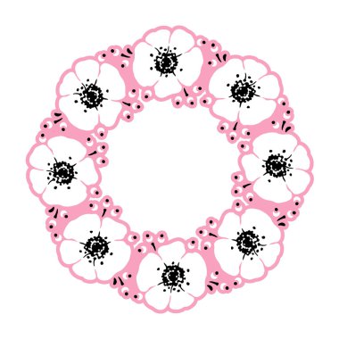 Beyaz Anemone Çiçekleri. Pembe yuvarlak çelenk. Beyaz arkaplanda el çizimi sanatsal illüstrasyon.