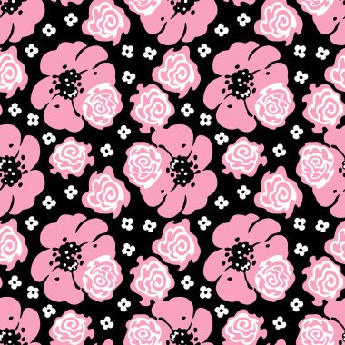 Pembe ve beyaz çiçekler. Çiçeksiz vektör deseni. Beyaz arka planda elle çizilmiş sanatsal çizimler.