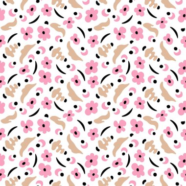 Pembe çiçekler ve bej yapraklar. Çiçeksiz vektör deseni. Beyaz arka planda elle çizilmiş sanatsal çizimler.