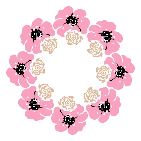 Rosa Anemone Und Kleine Beige Blüten Runder Blumenkranz Handgezeichnete Künstlerische — Stockvektor