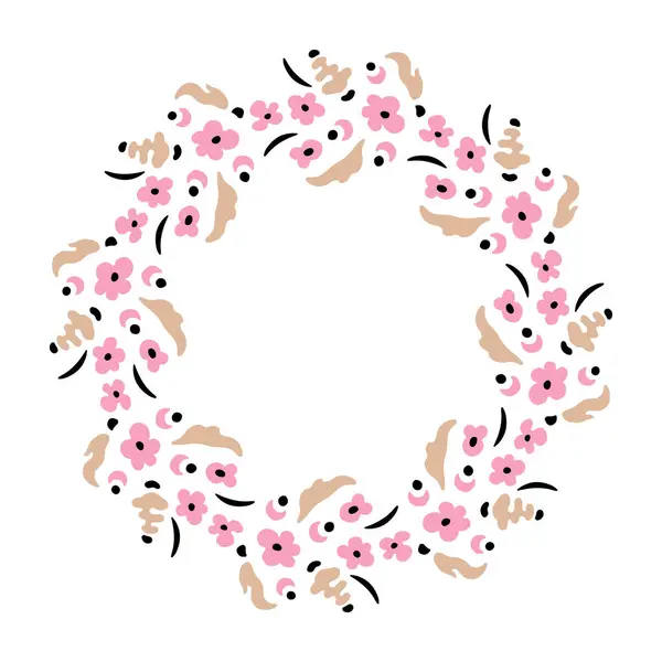 Małe Beżowe Różowe Kwiaty Okrągły Wieniec Ręcznie Rysowana Ilustracja Artystyczna — Wektor stockowy