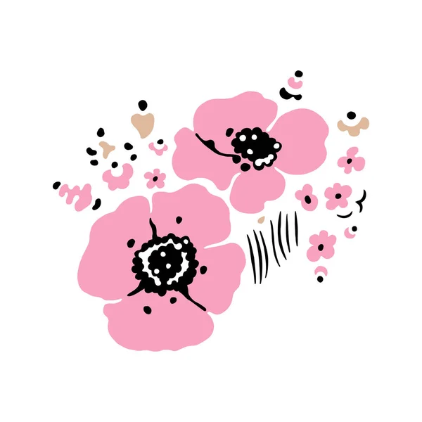Flores Cor Rosa Anemone Buquê Floral Vetorial Ilustração Artística Desenhada — Vetor de Stock