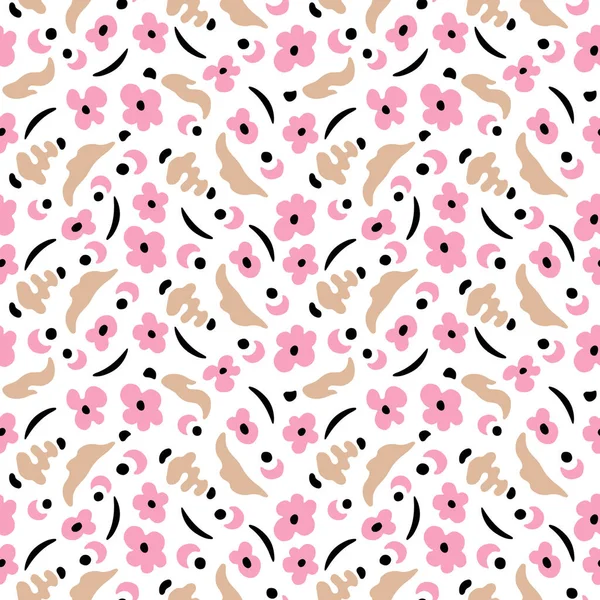Rosafarbene Blüten Und Beige Blätter Vektorflorales Nahtloses Muster Handgezeichnete Künstlerische — Stockvektor
