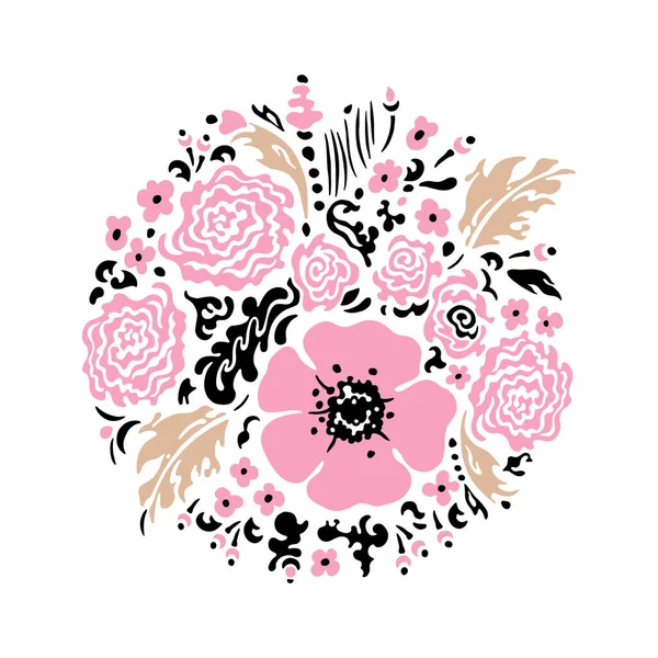 Roze Bloemen Beige Bladeren Vector Bloemenboeket Handgetekende Artistieke Illustratie Witte — Stockvector