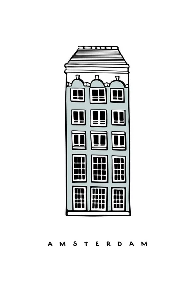 Голубой Амстердам Нидерланды Ручной Рисунок Плаката Обложки Открытки Шаблона Баннера — стоковый вектор
