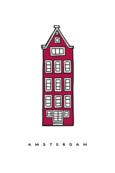 Czerwony Dom Amsterdamie Holandia Ręcznie Rysowany Plakat Okładka Pocztówka Szablon — Wektor stockowy