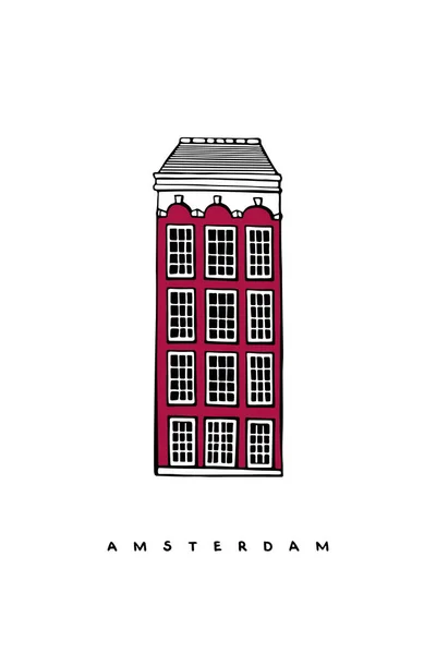 Czerwony Dom Amsterdam Holandia Ręcznie Rysowany Plakat Okładka Pocztówka Szablon — Wektor stockowy