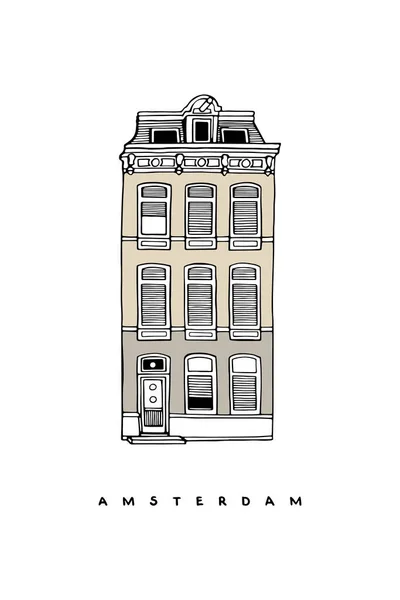 Бежевый Трехэтажный Дом Амстердам Нидерланды Ручной Рисунок Плаката Обложки Открытки — стоковый вектор