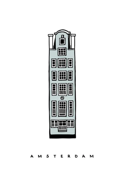 Μπλε Ιστορικό Σπίτι Του Άμστερνταμ Ολλανδία Χειροποίητη Αφίσα Εξώφυλλο Καρτ — Διανυσματικό Αρχείο