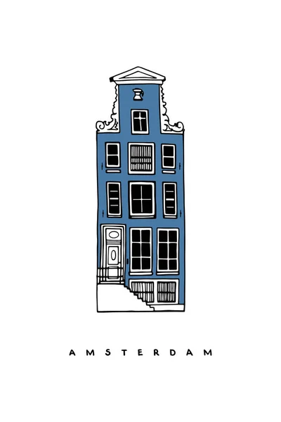 Niebieski Klasyczny Dom Amsterdam Holandia Ręcznie Rysowany Plakat Okładka Pocztówka — Wektor stockowy
