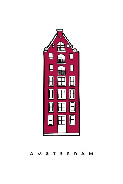 Rött Sjuvåningshus Amsterdam Nederländerna Handritad Affisch Omslag Vykort Och Banner — Stock vektor
