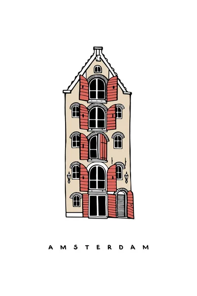Starý Béžový Dům Oranžovými Okenicemi Amsterdamu Nizozemsko Ručně Kreslený Plakát — Stockový vektor